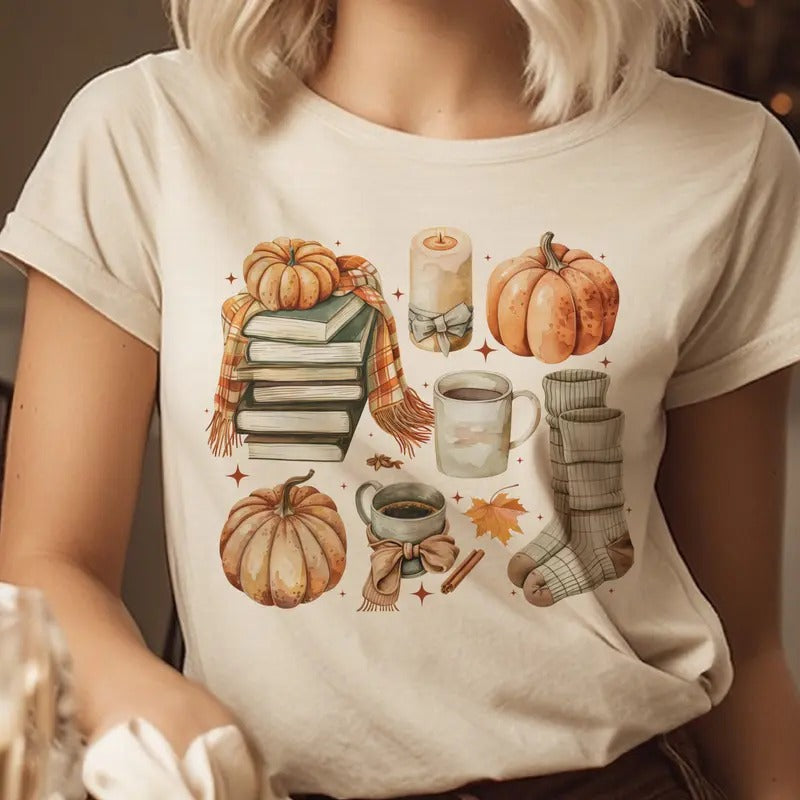 Fall Tee Fall Collage Tshirt Fall Pumpkin Collage T-Shirt Thanksgiving Pumpkin Top Fall Coffee Collage Pumpkin Fall Leaf...