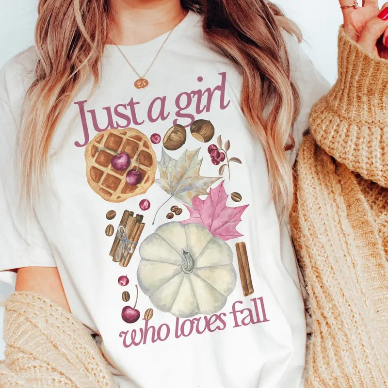 Fall Tee Just A Girl Who Love Fall Pink Tshirt Girly Pink Fall T-Shirt Pink Fall Collage Top Womens Fall Pumpkin Tees...