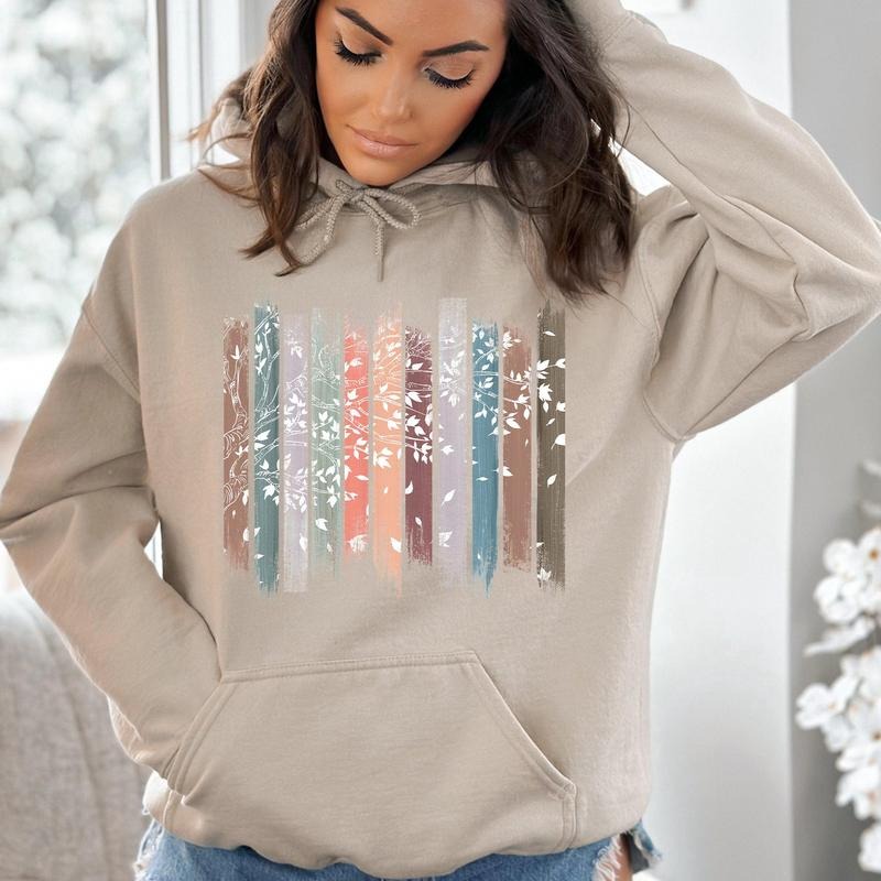 Falling Leaves, Botanical Stripes Hoodie T-Shirts, Sweatshirt | WearSparks.com