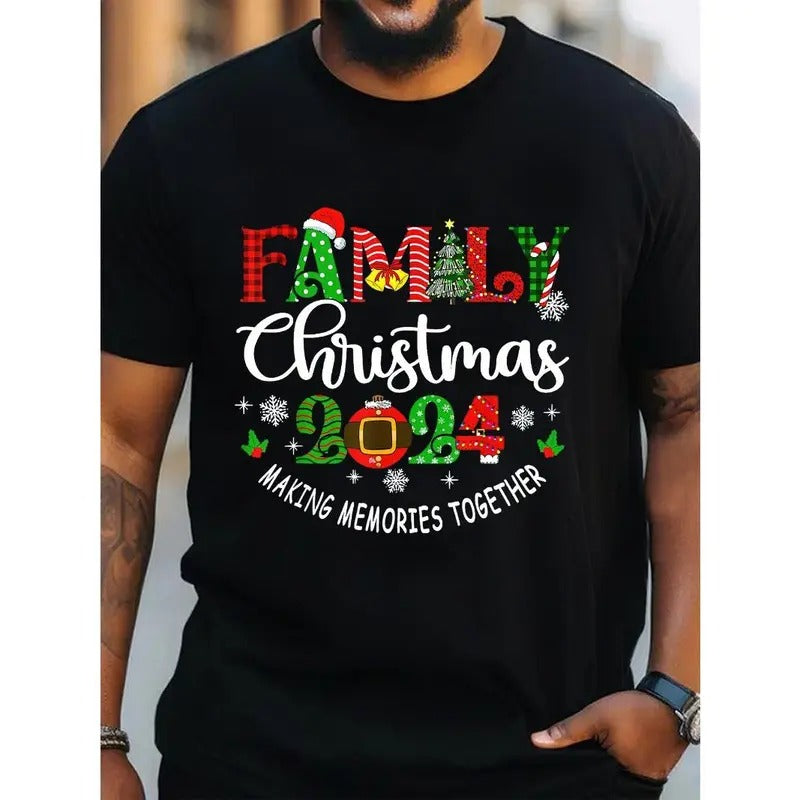 Family Christmas 2024 Casual Cotton T-Shirt for Men, Couple Matching Crew Neck Top with Slight Stretch, Knit Fabric...