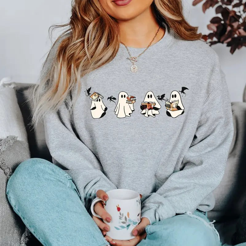Fantasy Dragon Halloween Ghost T-Shirt, Fourth Wing Ghost Reading Sweater, Ghost Reading Books Halloween Sweatshirt,...