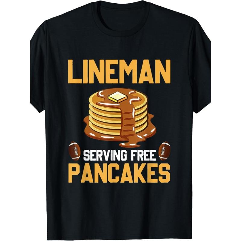 Fashionable Lineman Serving Free Pancakes T-Shirt, Men's Funny Short Sleeve Tee for Young Husband, Slight Stretch Round...