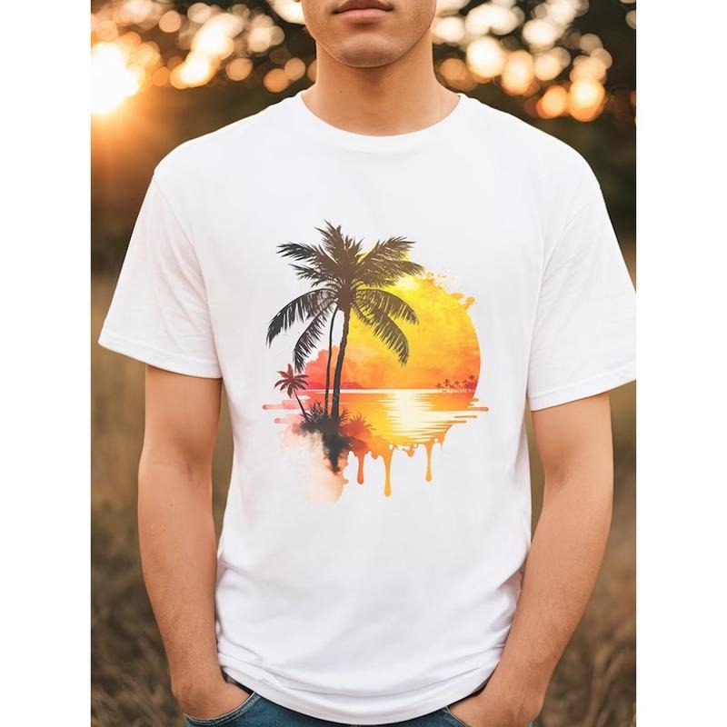 Fashionable Men's Sea Sunset Coconut Tree Print Round Neck Short Sleeved T-shirt Made in USA Hoodie, Sweatshirt
