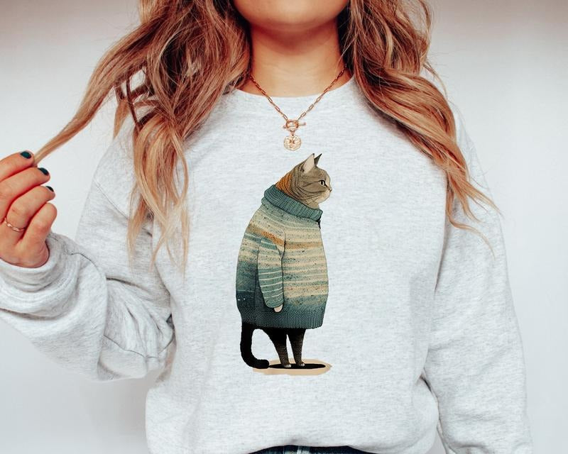 Fat Gray Cat in Sweatshirt, Funny Cat Wearing A Sweater, Cat Lover Shirt, Pet Lover Shirt, Cat Shirt Hoodie | WearSparks.com
