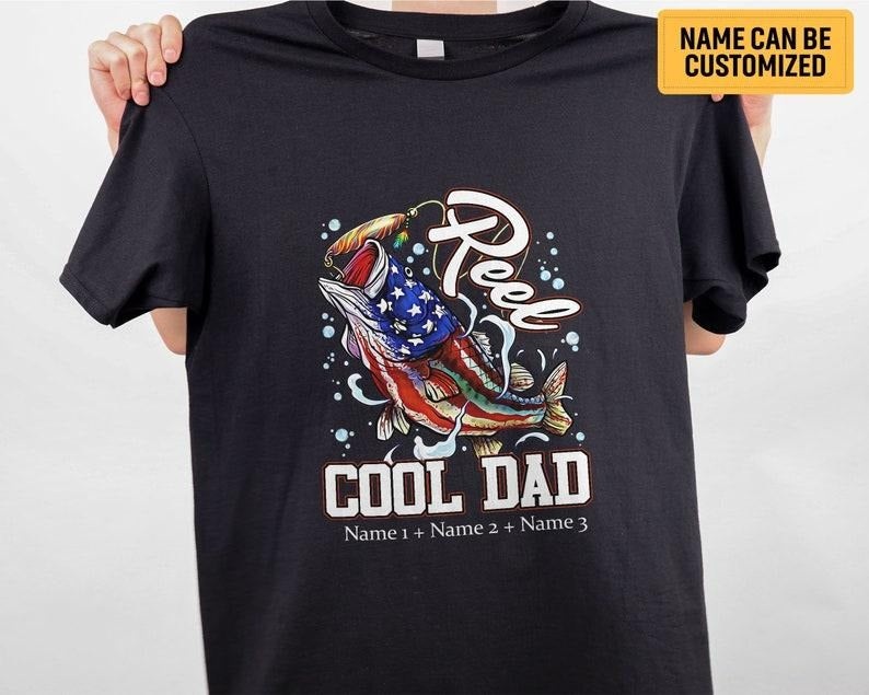 Father's Day Gifts Custom Kids Name American Flag Reel Cool Dad T Shirt Hoodie Sweater, Father's Day Birthday Fishing Dad...