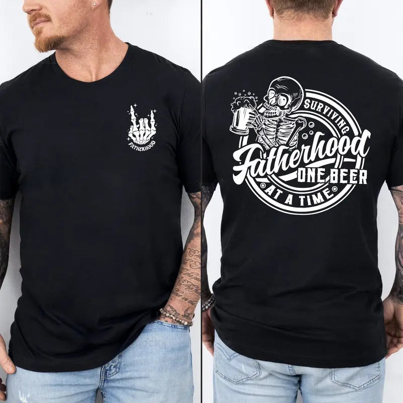 Fatherhood surviving one beer at a time Shirt, Fatherhood Tee, Dad Shirt, Skull Tee, Rock skeleton hand Shirt, retro...