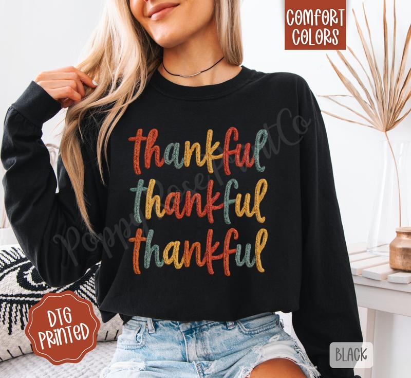 Faux Crochet Thankful Comfort Colors Long Sleeve T-Shirt, Cute Women's Fall Tee Hoodie, Sweatshirt | WearSparks.com