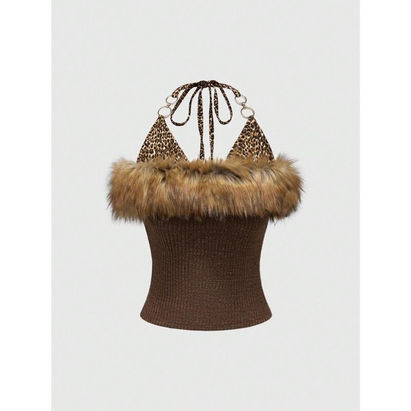 Faux Fur Leopard Halter Tops Metal Ring Tie Back Y2k Concert Top T-Shirts, Hoodie, Sweatshirt | WearSparks.com