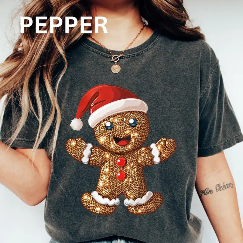 Faux Glitter Gingerbread Man Shirt, Graphic Christmas shirt, Comfort Colors Christmas Graphic Shirt, Cotton Unisex Top...