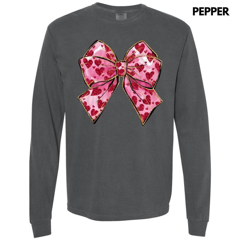 Faux Glitter Heart Bow Long Sleeve Comfort Colors T-Shirt Hoodie, Sweatshirt | WearSparks.com