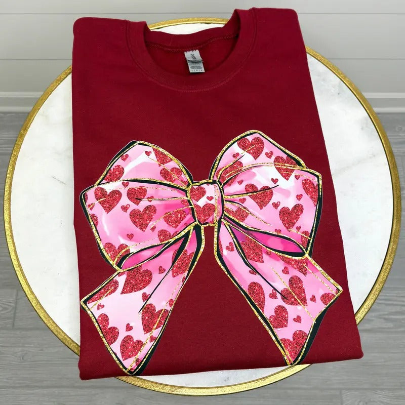 Faux Glitter Heart Bow Sweatshirt T-Shirts, Hoodie | WearSparks.com