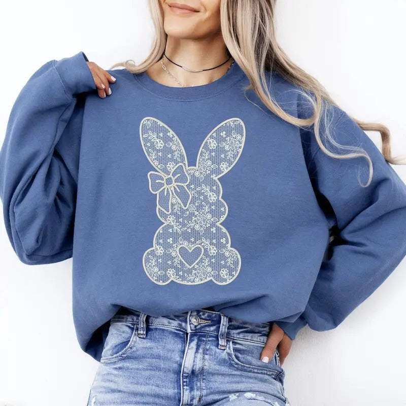 Faux Lace Bunny, Coquette, Easter, Bunny, Jesus, Rabbit, Holiday Sweatshirt, Crew Neck, Women's, Crewneck T-Shirts, Hoodie