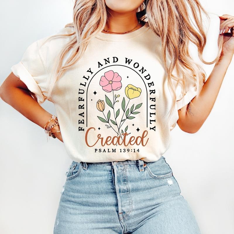 Fearfully and Wonderfully T-Shirt, Christian Floral T-Shirt, Retro Christian T-Shirt, Bible Verse T-Shirt, Wildflower...