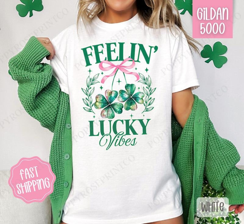 Feelin' Lucky Vibes Shirt Gildan, St Patrick's Day Women's Tee, Cute Women's Tshirt Plus Sizes Hoodie, Sweatshirt