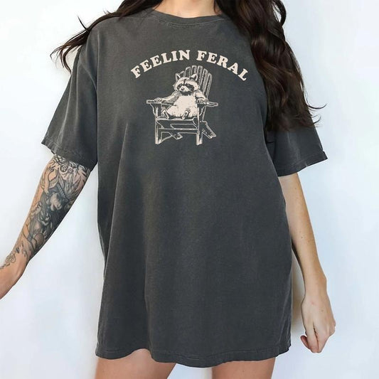 Feelin Feral Unisex Vintage Shirt, Retro Raccoon Graphic Tee Women, Raccoon Shirts For Women, Funny Opossum Shirts,...