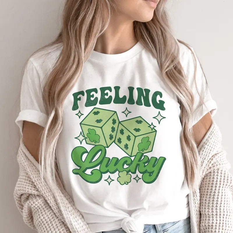 Feeling Lucky Shirt, Irish Paddy's Day Lucky Clover St Patrick's Day Graphic Printed Unisex Classic Cotton T-shirt...