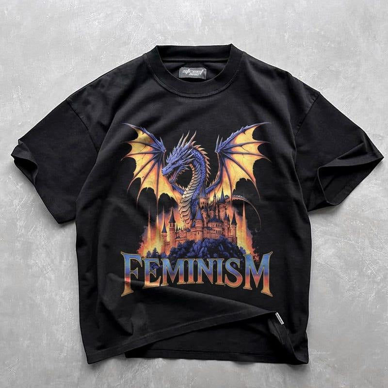 Feminism Dragon Fantasy Vintage Graphic Shirt, Retro Dragon Shirt, Feminism Shirt, Funny Gifts, Dark Art Grunge Castle...