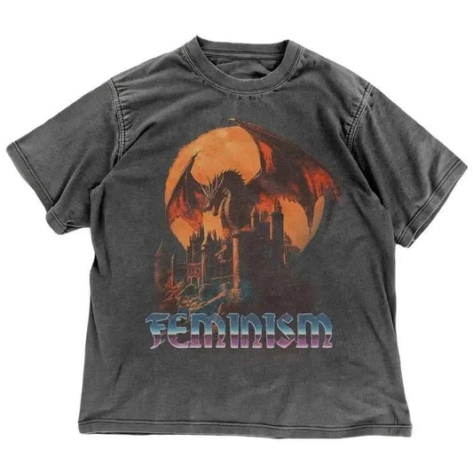 Feminism Dragon Graphic T-Shirt - Gothic Fantasy Dragon Castle Tee - Feminist Dark Fantasy Tee