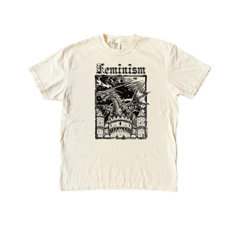 Feminism Dragon T Shirt - Vintage Graphic Tee - Dragon Castle Tshirt - Funny Activism Retro Shirt