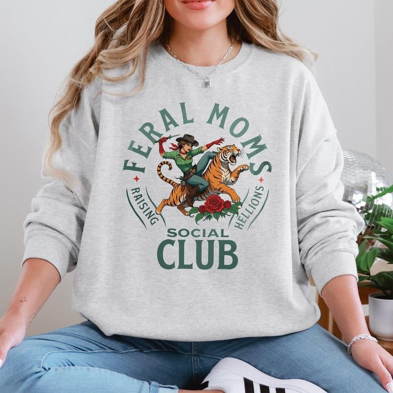Feral Mom's Social Club, Raising Hellions, Funny, Tiger, Mother's Day Sweatshirt, Crew Neck, Women's, Crewneck T-Shirts,...