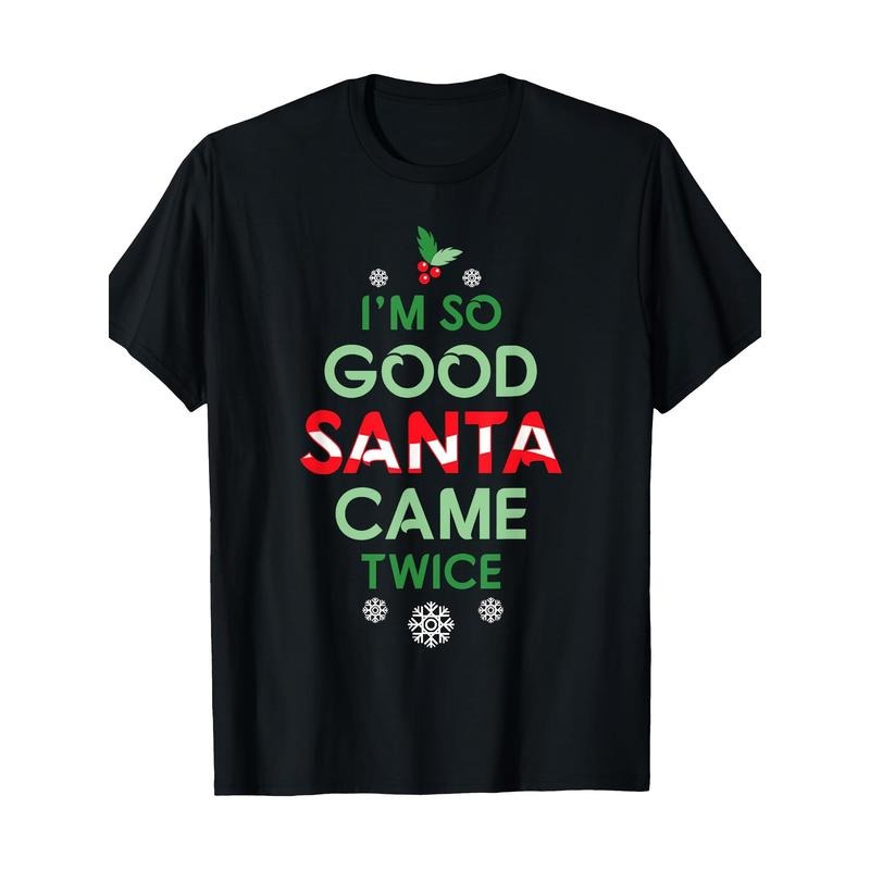 Festive "Santa Came Twice" Christmas T-Shirt, 100% Cotton, Crew Neck, Short Sleeve, Regular Fit, with Geometric Pattern,...