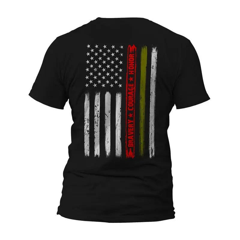 Firefighter Army Bravery Courage Honor Thin Red Green Line Vertical Flag T-Shirt Casual Crewneck Hoodie, Sweatshirt