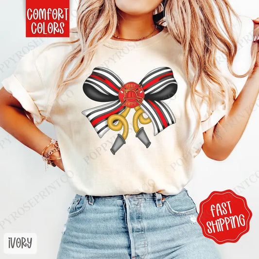 Firefighter Coquette Bow Shirt Comfort Colors, Cute Women's Shirt, Trendy Bow Tee Hoodie, Sweatshirt | WearSparks.com