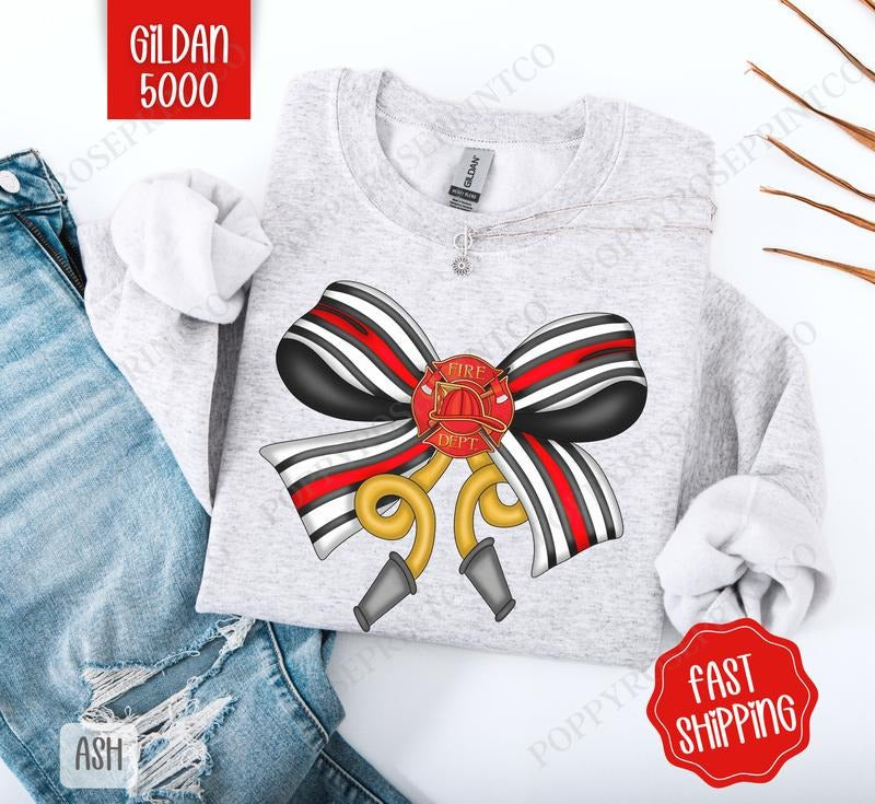 Firefighter Coquette Bow Sweatshirt, Bow Crewneck, Cute Women's Sweater T-Shirts, Hoodie | WearSparks.com