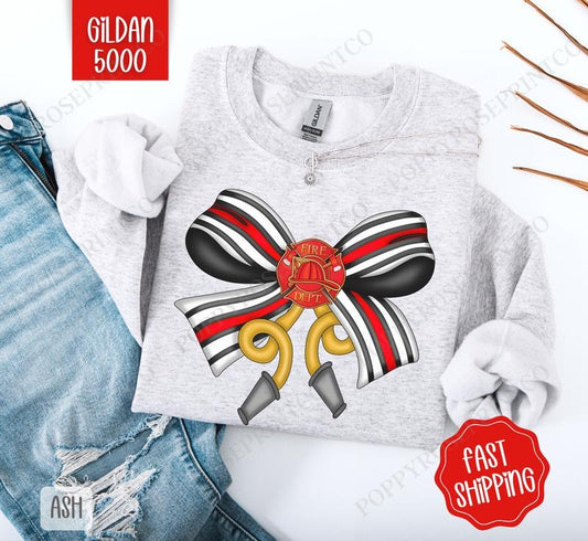 Firefighter Coquette Bow Sweatshirt, Bow Crewneck, Cute Women's Sweater T-Shirts, Hoodie | WearSparks.com