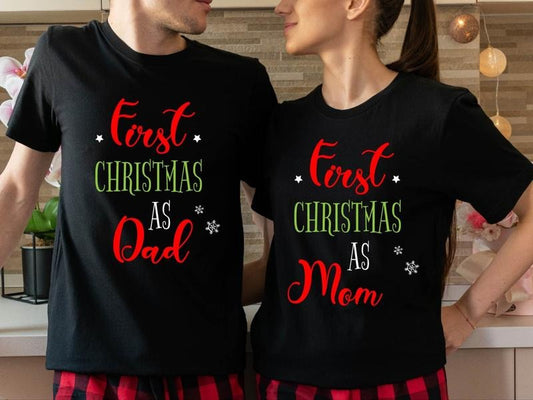 First Christmas As Dad Shirt, 1st Christmas As Mom T-Shirt, Matching Xmas Baby Announcement Tees, New Parents X-mas Party...