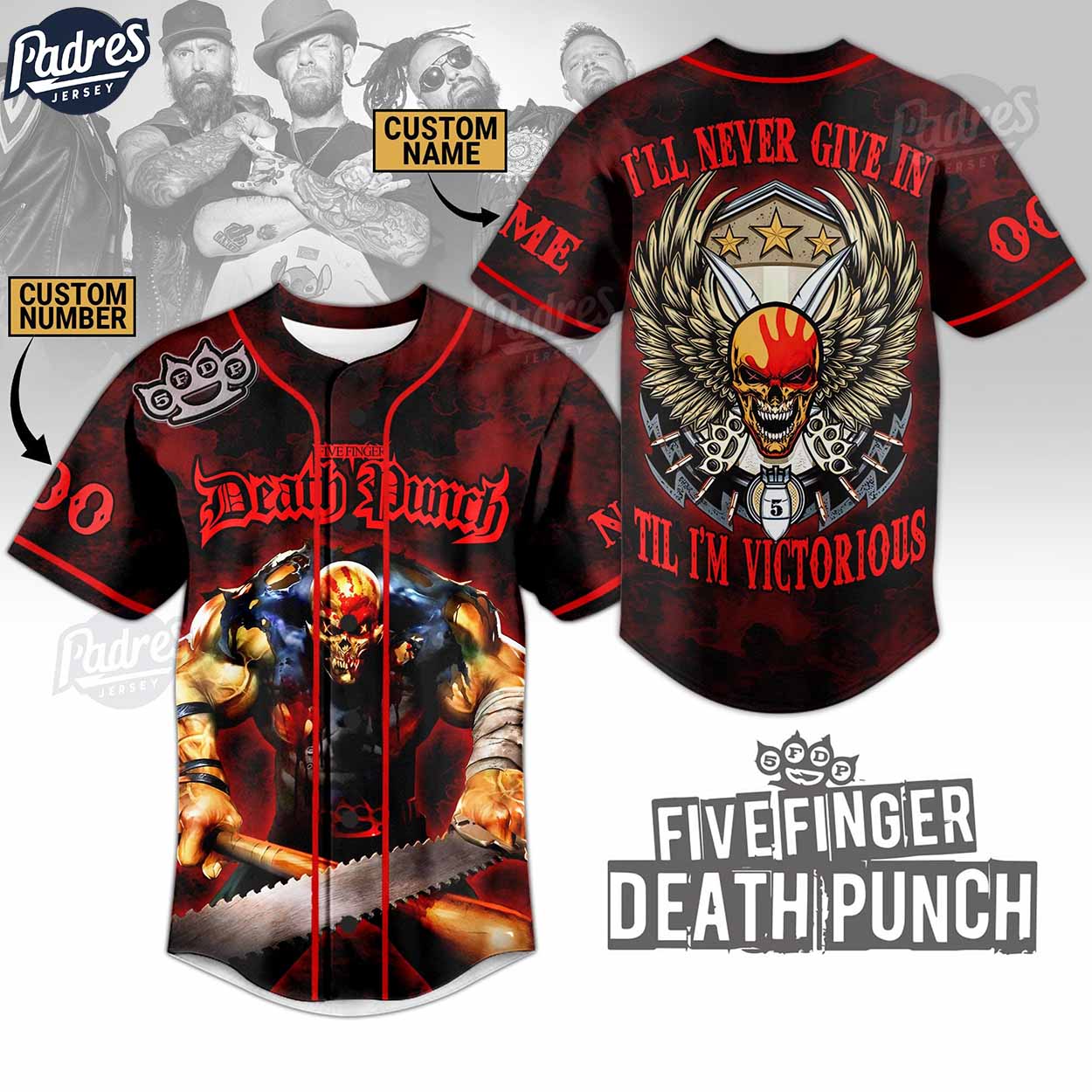 Five Finger Death Punch I'll Never Give In 'Til I'm Victorious Custom Baseball Jersey - Padres Jersey Oasis:... (Image 1)