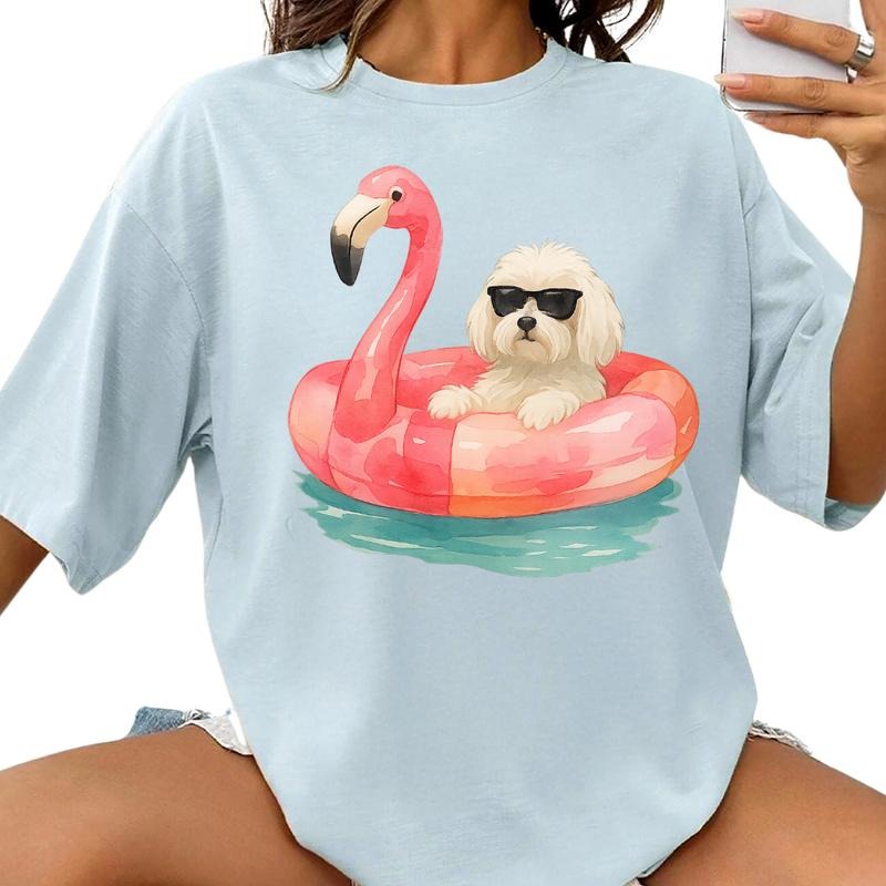 Flamingo Float White Maltese Shirt ~ Unisex Apparel Relaxed Fit Printed In The USA Clothing Womenswear Casual Comfort...