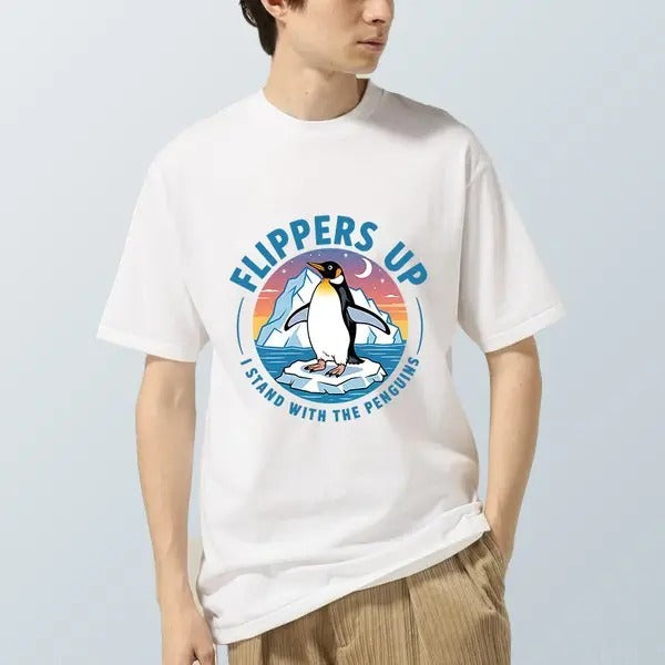 Flippers Up I Stand With The Penguins Statement Tee for Activists Unisex Cotton Meme Shirt Funny Menswear Tshirt Hoodie,...