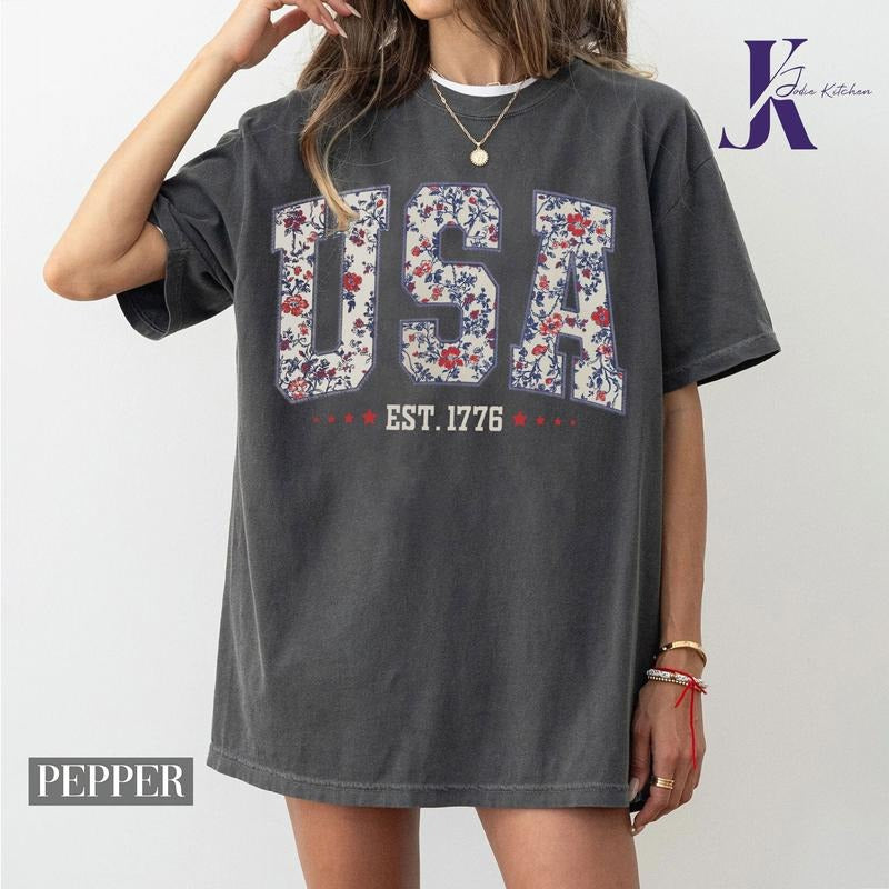 Floral 4th of July Comfort Colors Shirt - Floral USA, American Girl & Patriotic Women Shirt - USA Est 1776