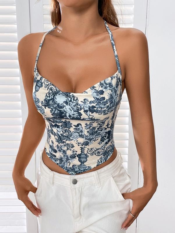 Floral Angle Print Bandana Y2K Crop Tops Cowl Neck Sleeveless Halter Cami Tops T-Shirts, Hoodie, Sweatshirt | WearSparks.com