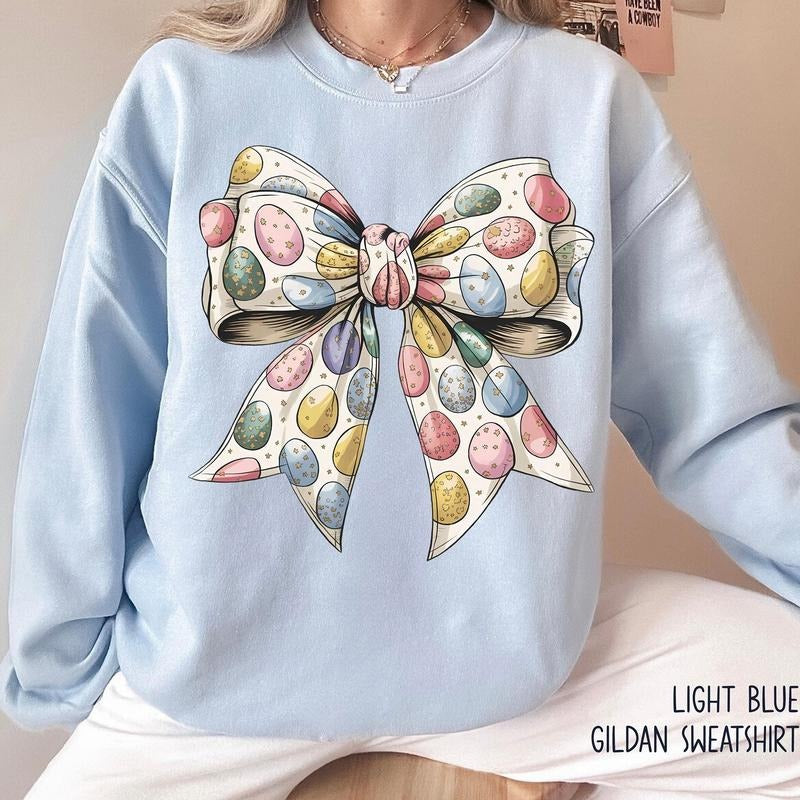 Floral Blue Bunny Sweatshirt, Cute Easter Bow Crewneck, Trendy Bunny Women's Sweater, Coquette Easter Bunny Sweatshirt,...