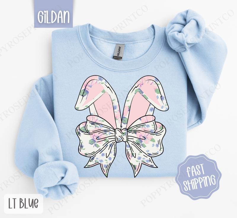 Floral Bunny Bow Sweatshirt, Cute Easter Crewneck, Trendy Coquette Women's Sweater, Gift for Her T-Shirts, Hoodie