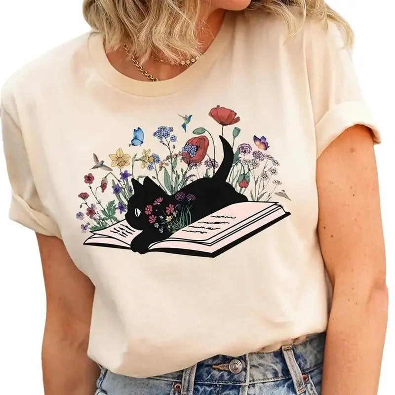 Floral Cat Shirt, Cat Lover T-shirt, Cat Book Shirt, Cat Lover Gift, Gift for Her, Cat Mom Shirt Gift, Cute Cat Shirts,...