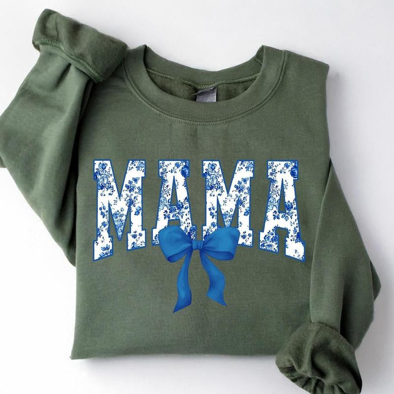 Floral Coquette Bow Mama Sweatshirt, Blue Bow Mothers Day Gift, Flower Lettering Mom Sweatshirt, Retro New Mom Gift...