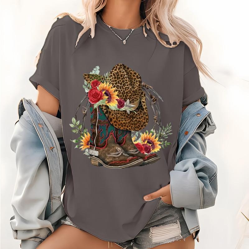 Floral Cowboy Boots Print T Shirt, Cowboy Western Graphic Tops, Cowgirl Leopard Flower Boots Pattern Tee Hoodie, Sweatshirt