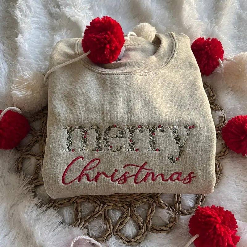 Floral Embroidered Merry Christmas Sweatshirt T-Shirts, Hoodie | WearSparks.com