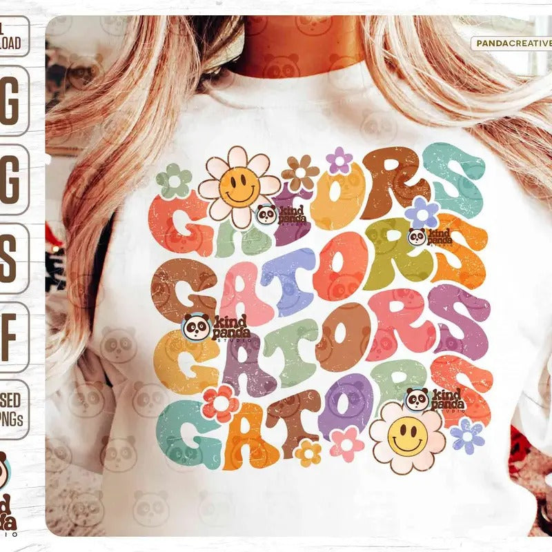 Floral Gators Svg Png Retro College Game Day Shirt Design Groovy American Football Sublimation Distressed Girls Baseball...