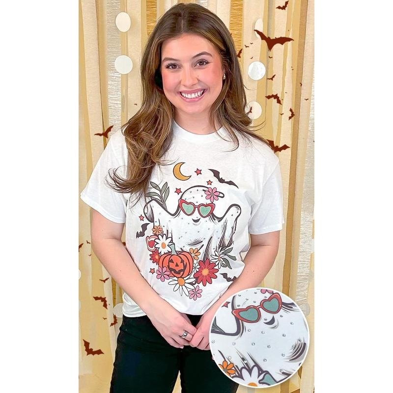 Floral Ghost Rhinestone Graphic Shirt Hoodie, Sweatshirt | WearSparks.com