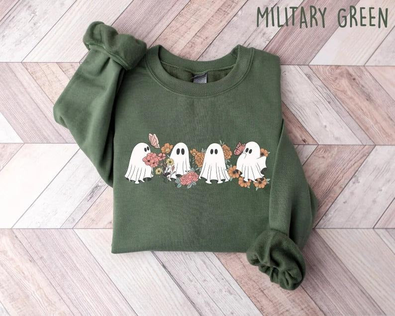 Floral Ghost Sweatshirt, Halloween Ghost Sweater, Floral Ghost Shirt, Halloween Crewneck Sweater, 2024 Happy Halloween,...