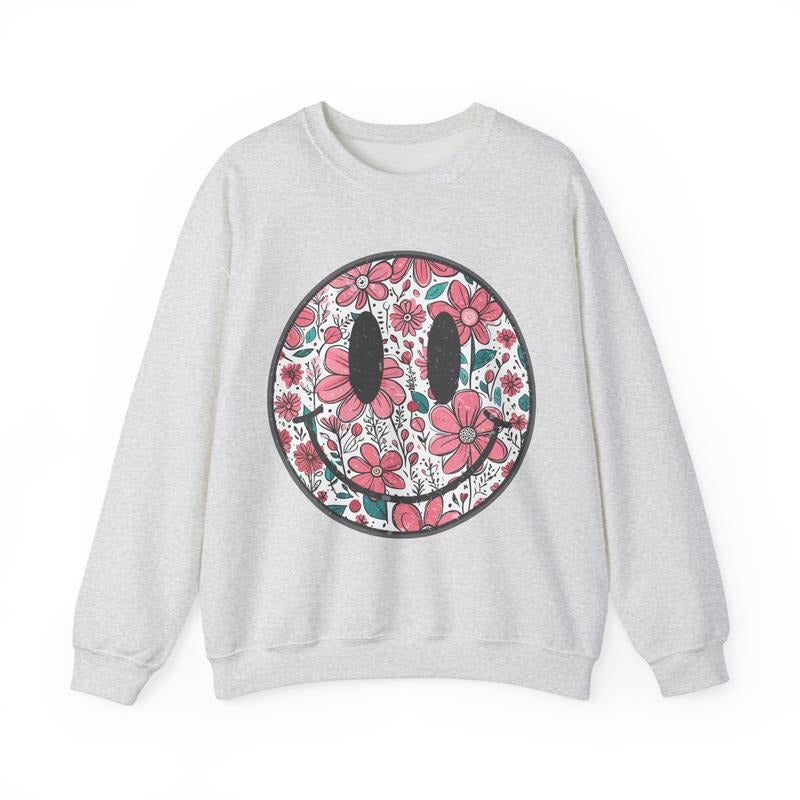 Floral Happy Sweatshirt, Cute Smiley Sweater, Flower Crewneck T-Shirts, Hoodie | WearSparks.com