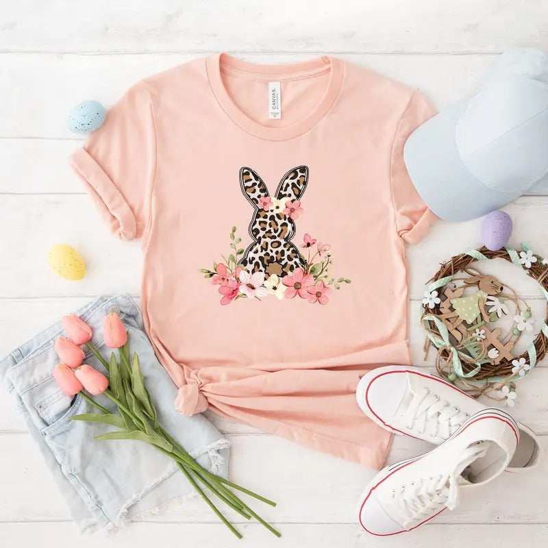Floral Leopard Bunny Shirt, Bunny Shirt, Cute Easter Bunny T-Shirt, Happy Easter, Shirt with Bunnies, Easter Gift, Happy...