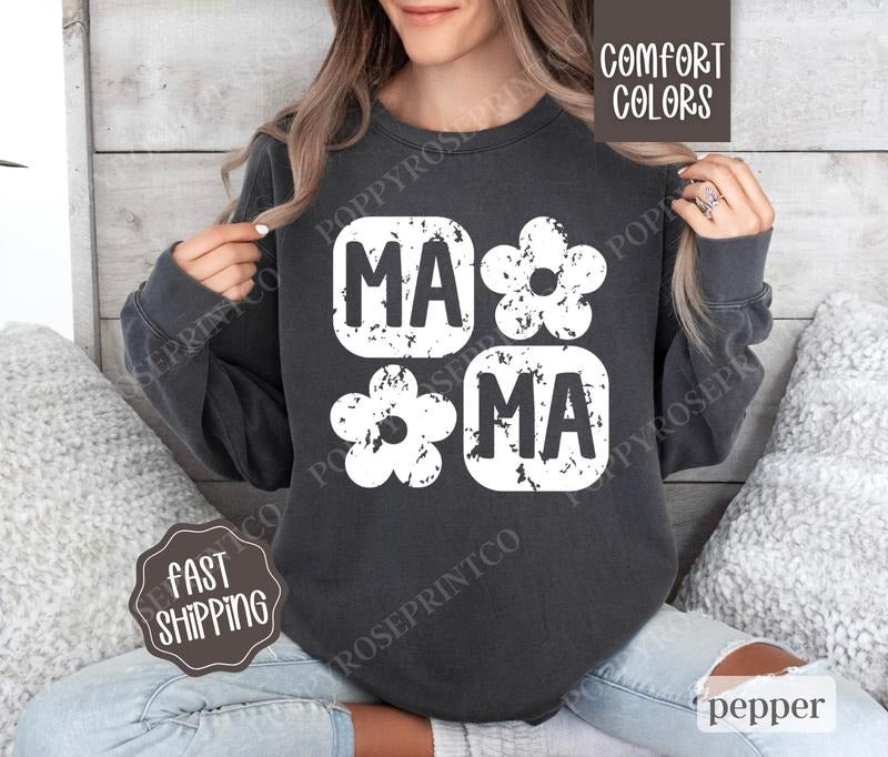Floral Mama Comfort Colors Sweatshirt, Trendy Women's Crewneck, Cute Women's Sweater T-Shirts, Hoodie | WearSparks.com