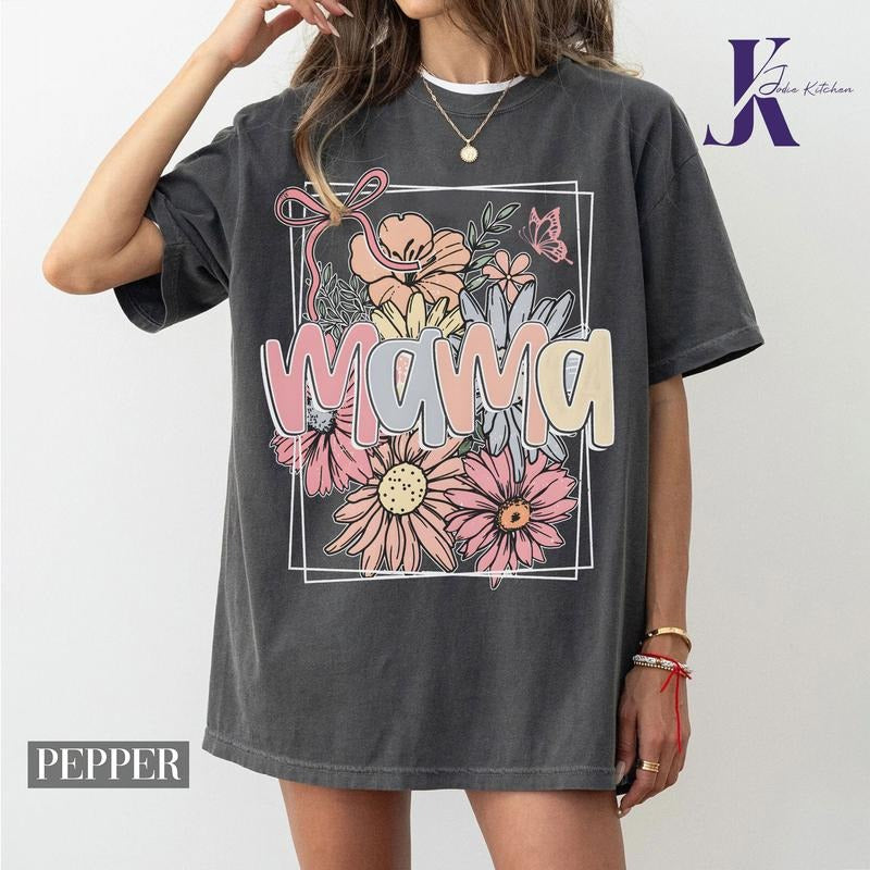 Floral Mama Coquette Bow Shirt, Mama Flower Comfort Color, Mama Tee, Mama Shirt Gift, Mothers Day Shirt Hoodie, Sweatshirt