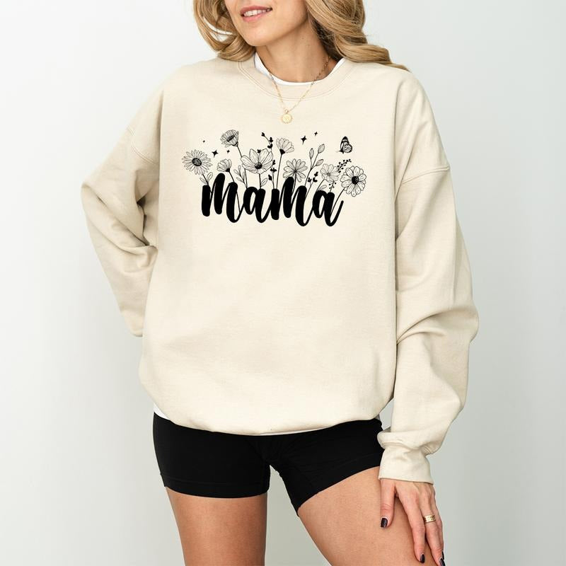 Floral Mama Coquette Bow Sweatshirt, For Women Retro Mother's Day Crewneck Long Sleeve Pullover T-Shirts, Hoodie