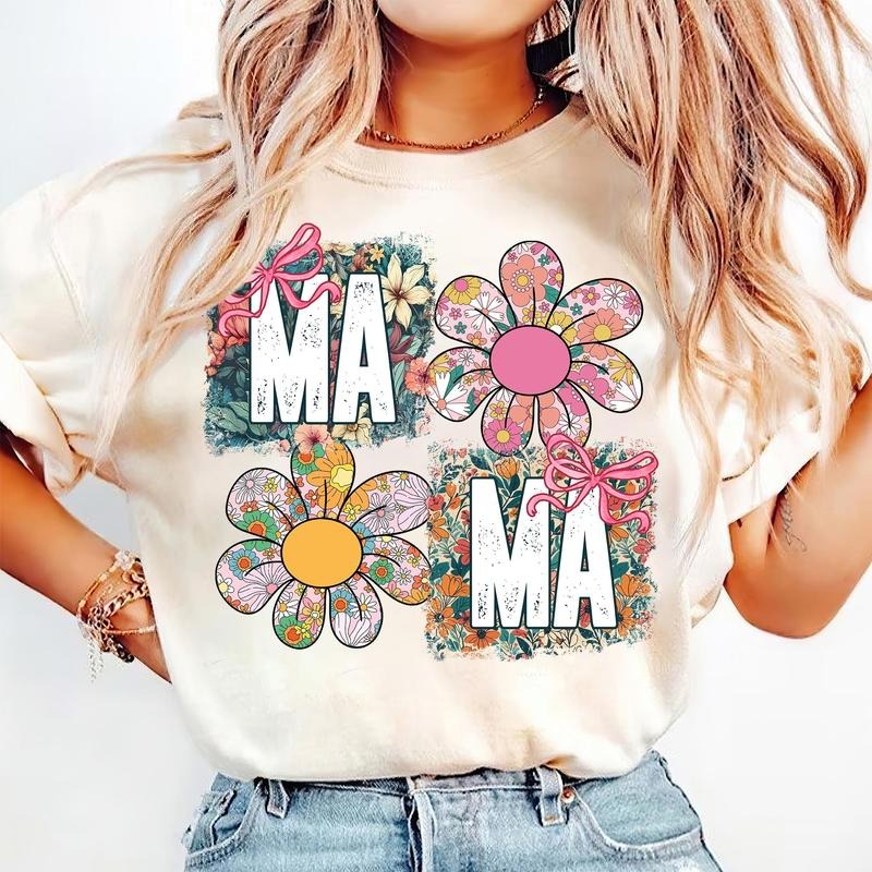 Floral Mama Coquette Bow T-Shirt, Mama Flower Shirt, Retro Mama Flower T-Shirt, Mama Floral T-Shirt, Preppy Mama Shirt,...